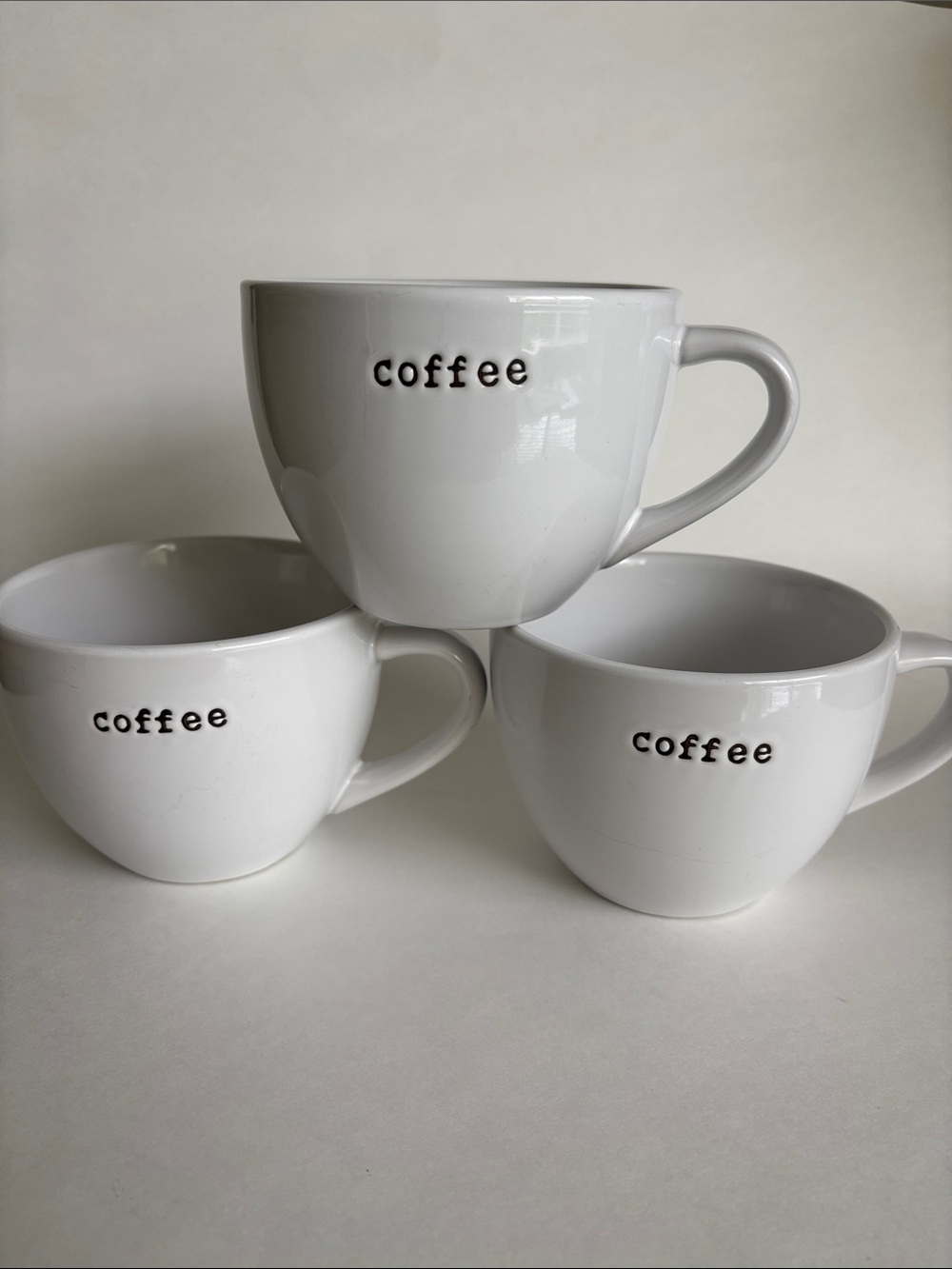 3 Crate and Barrel White Oversized Mugs Typewriter Style coffee Font 20oz